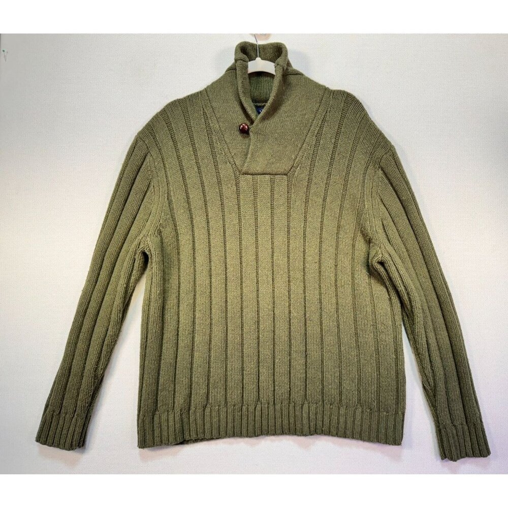 Lands' End Men's Ribbed Knit Sweater Size L Olive Green Long Sleeve Button Neck